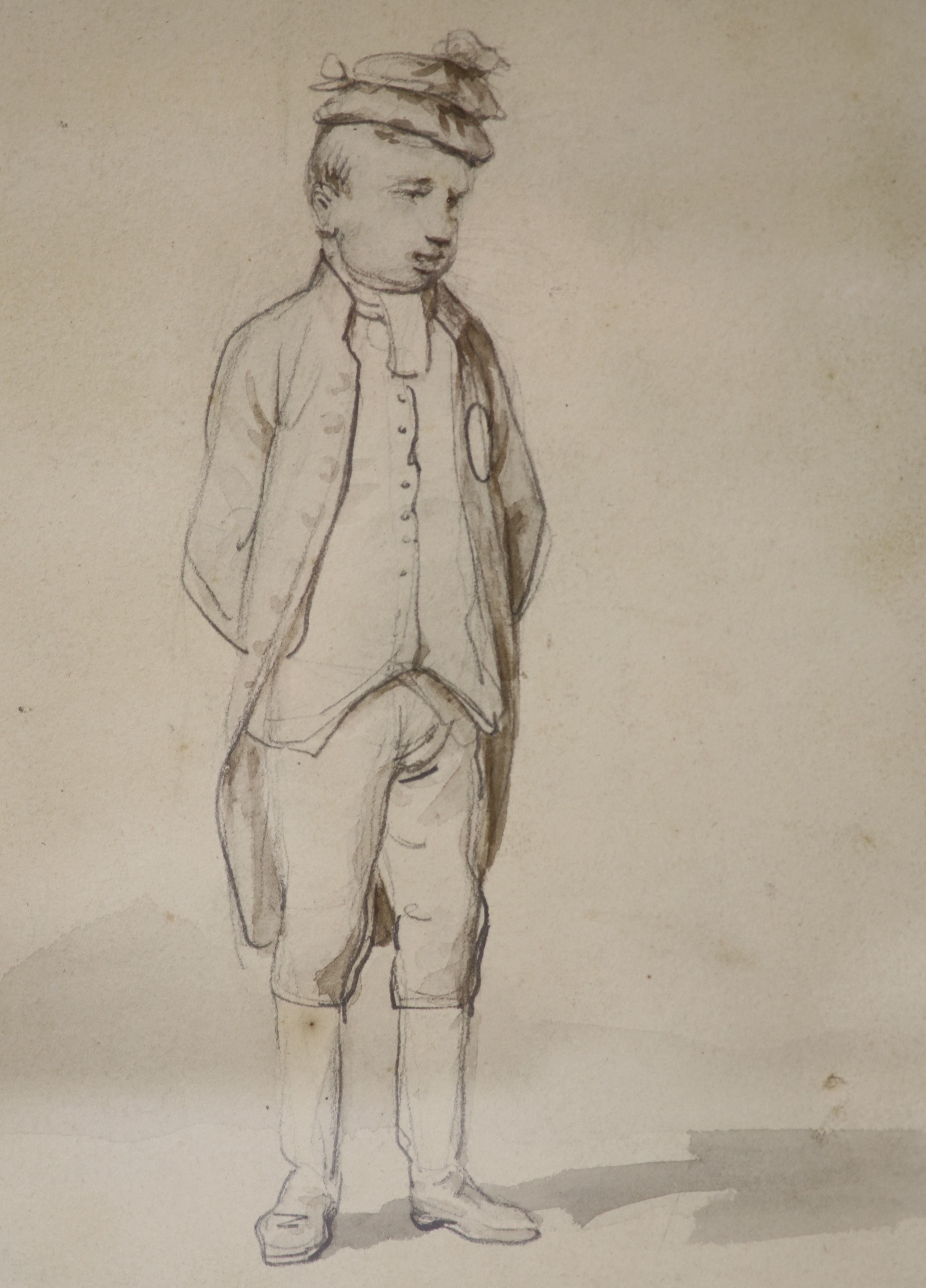 Early 19th century English School, watercolour and pencil, Study of a standing man, 19 x 14.5cm